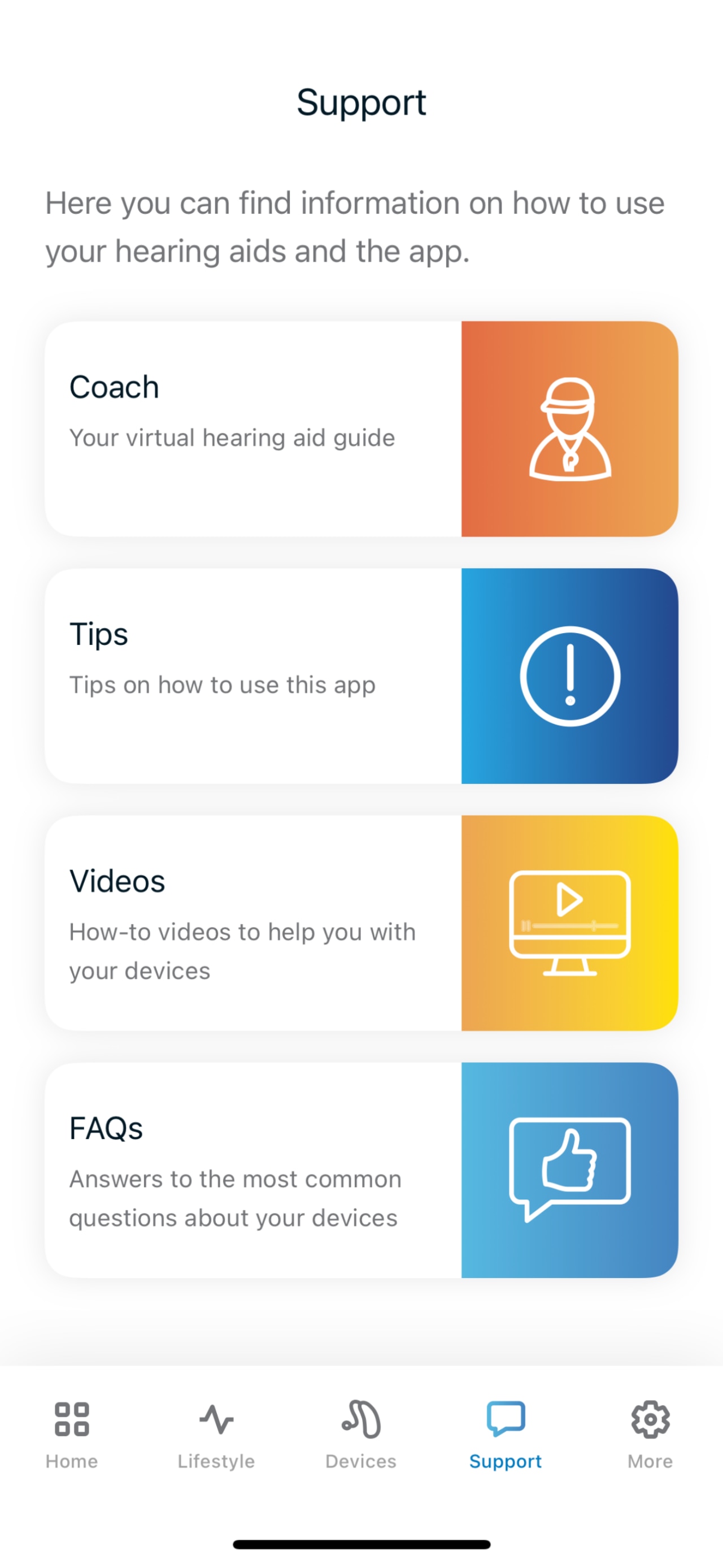 Bildschirm der Remote App, auf dem Unterstützungsoptionen angezeigt werden.
