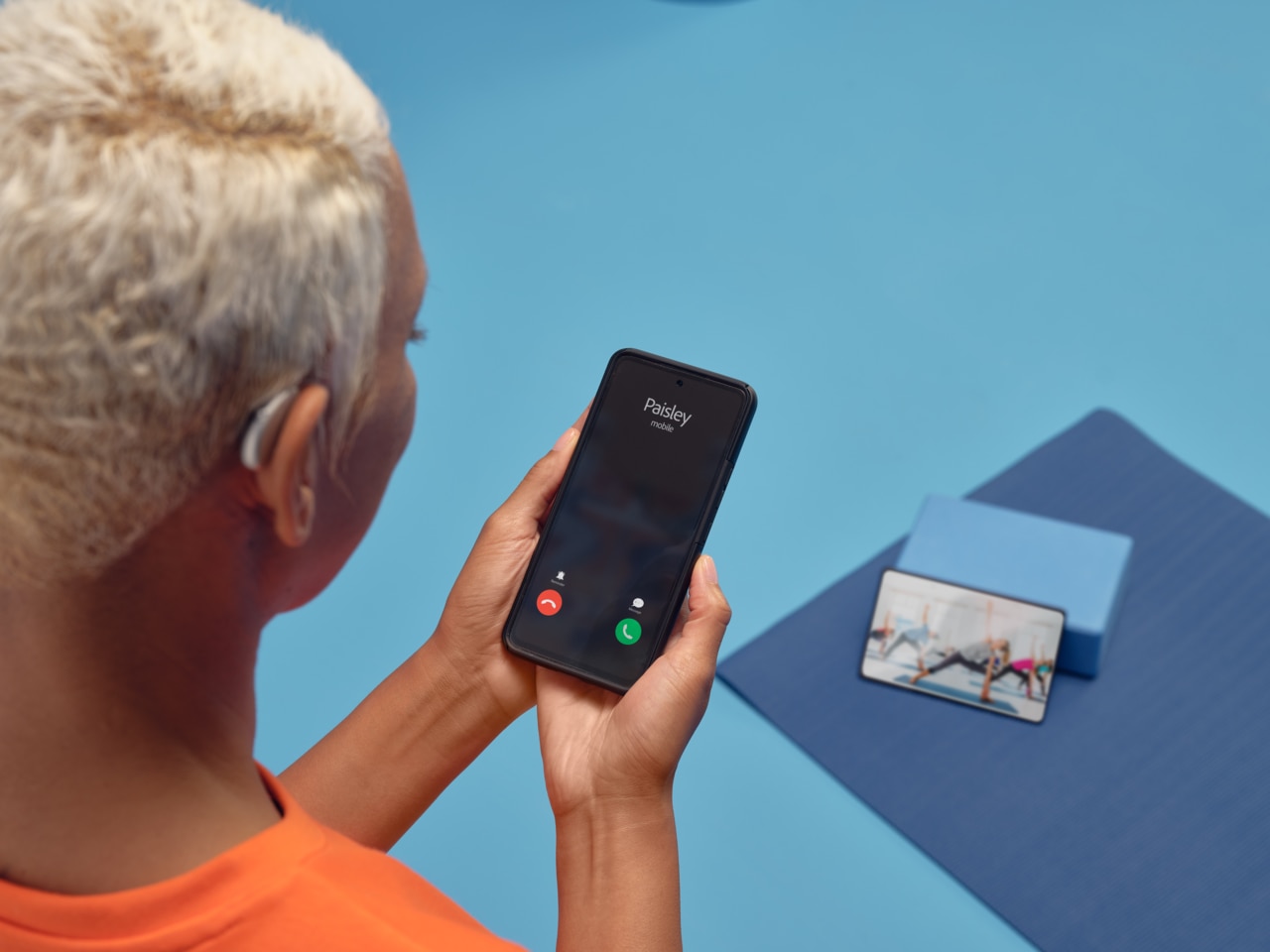 Profile side photo of mature cheerful pretty lady have fun clubber look empty space isolated over turquoise color background