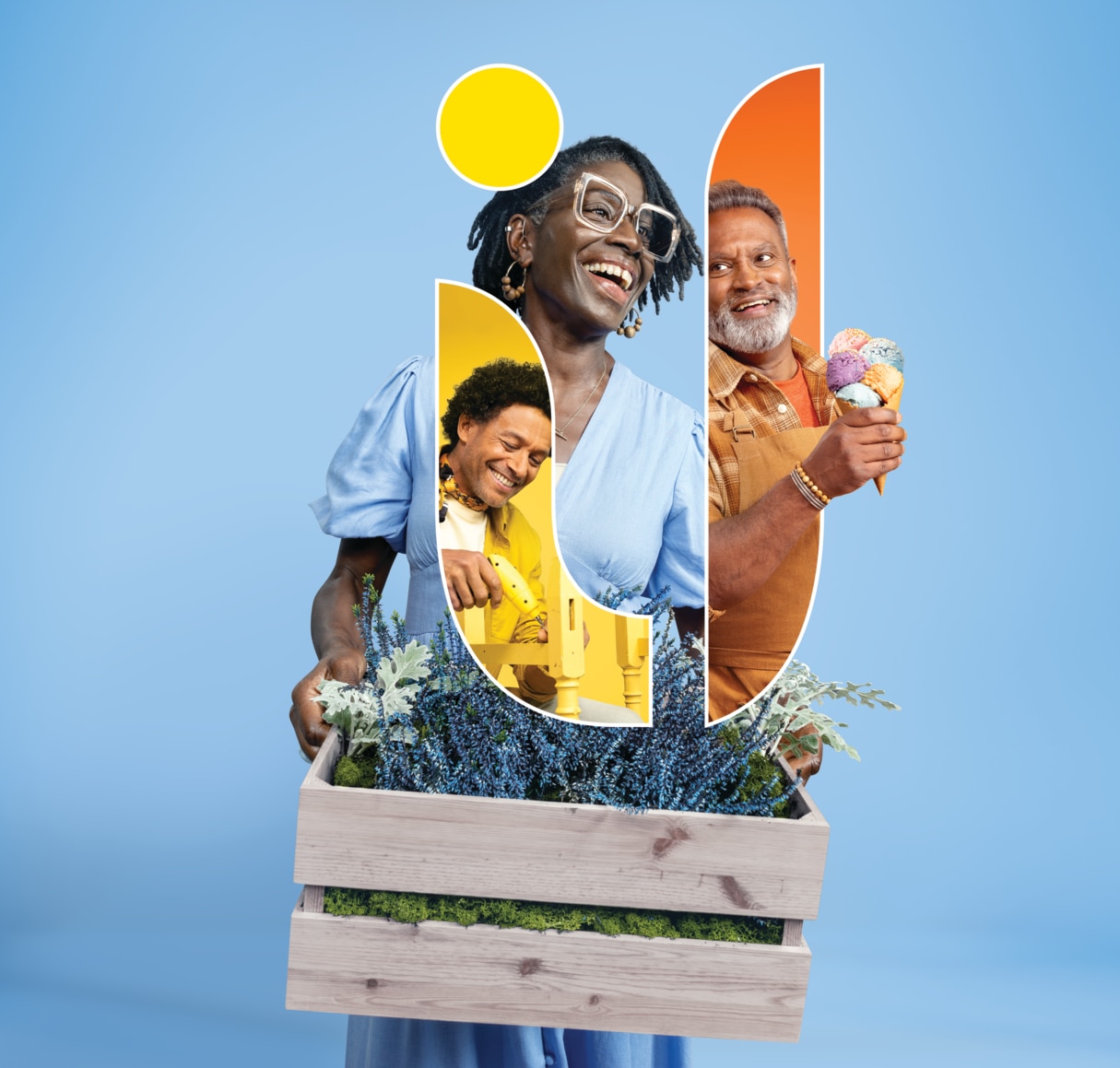 A person holding a wooden crate with various colorful, cut-out shapes and images, creating a collage of people and nature against a light blue background.