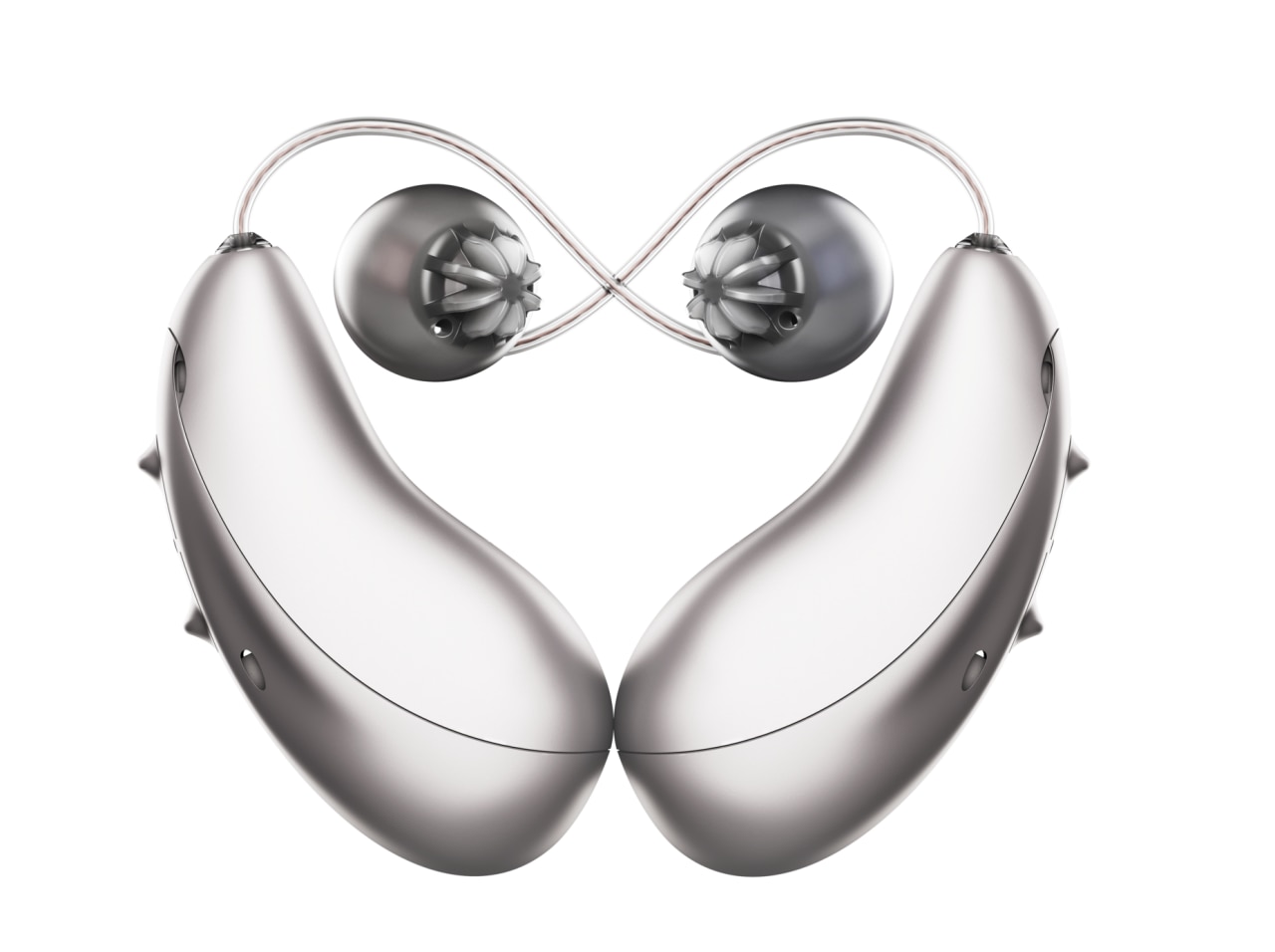 Unitron Moxi S-RX RIC hearing aid in black, close-up with clear receiver wire and silicone ear dome