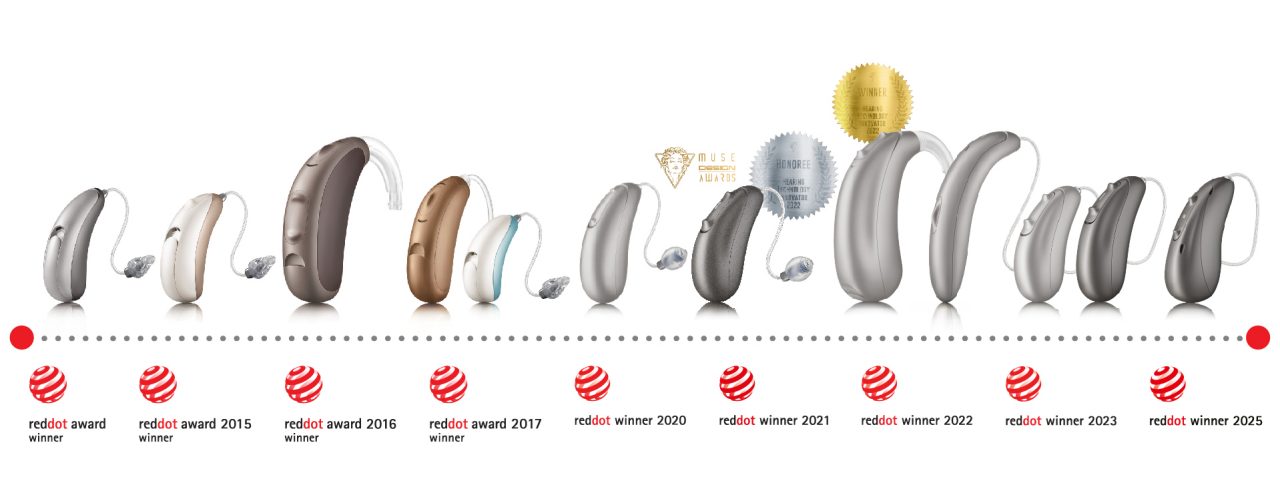 An image of the design awards won by Unitron hearing aids over the years. 