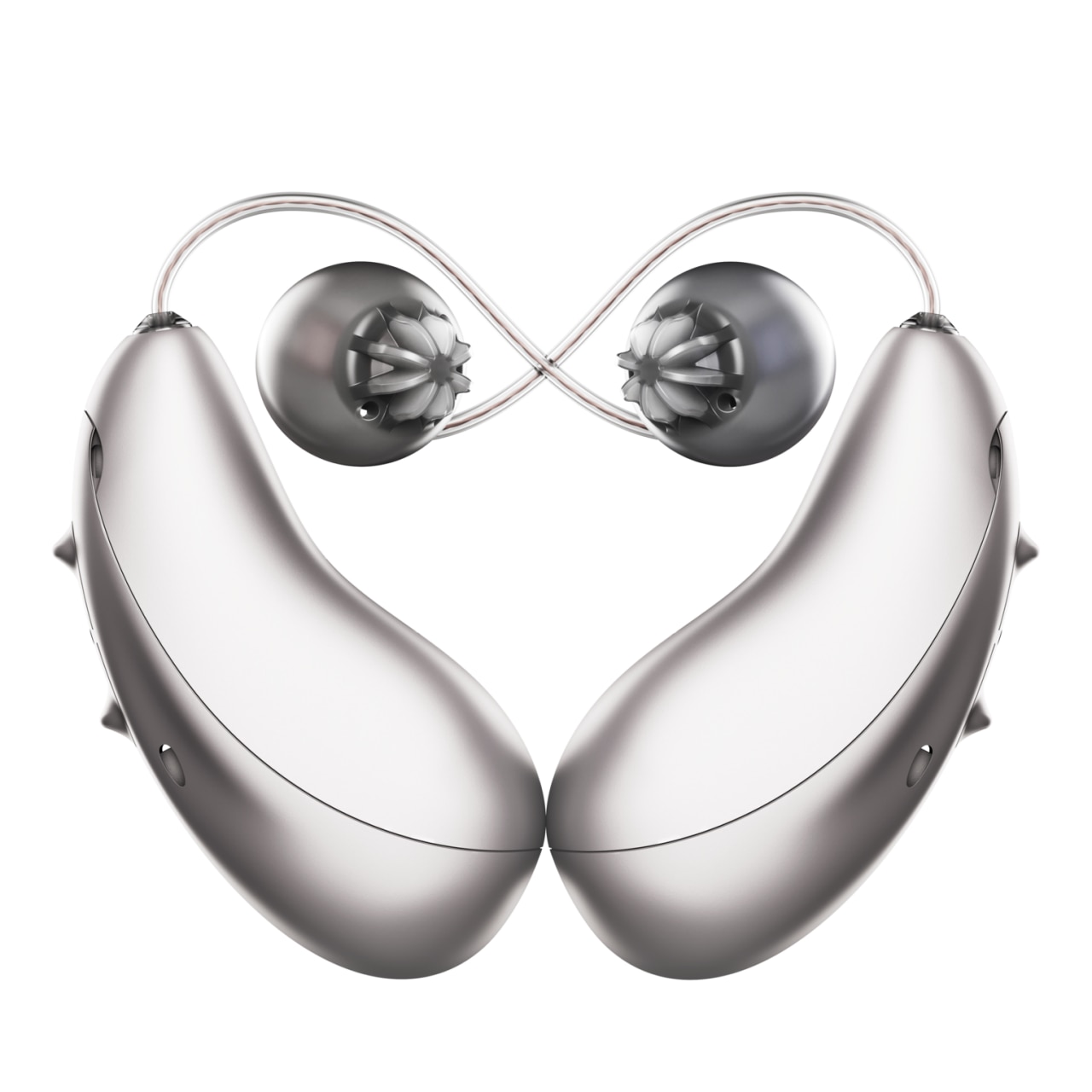 Unitron Moxi S-RX RIC hearing aid with clear receiver wire and silicone ear dome