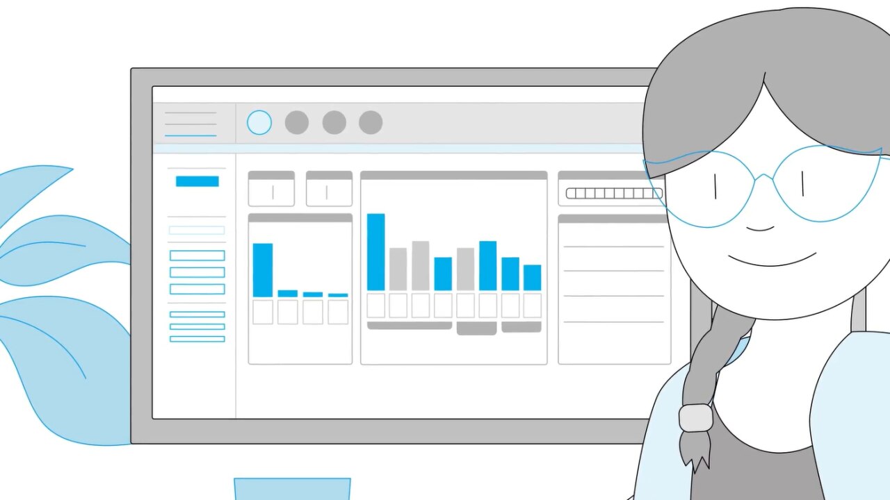 Una persona con una treccia sta guardando lo schermo di un computer che mostra vari grafici e visualizzazioni di dati, con una pianta visibile in primo piano