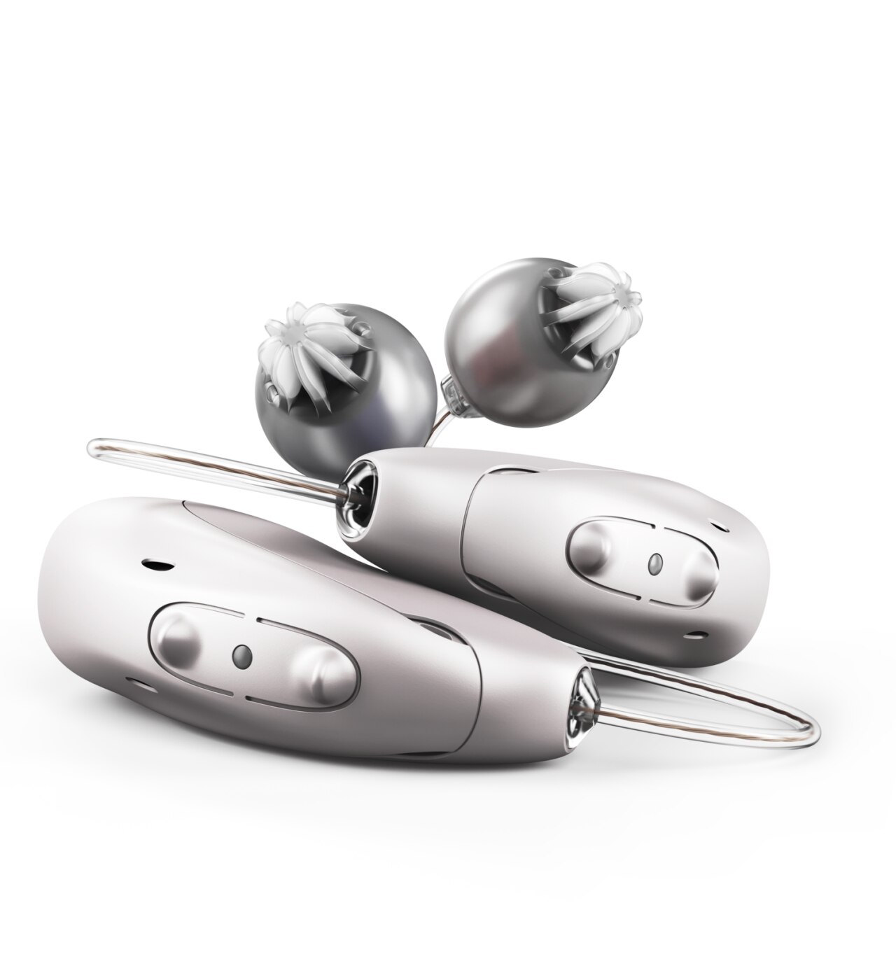 Unitron Moxi S-RC rechargeable RIC hearing aids in an open charging case, with EasyGuard domes for wax protection and easy care