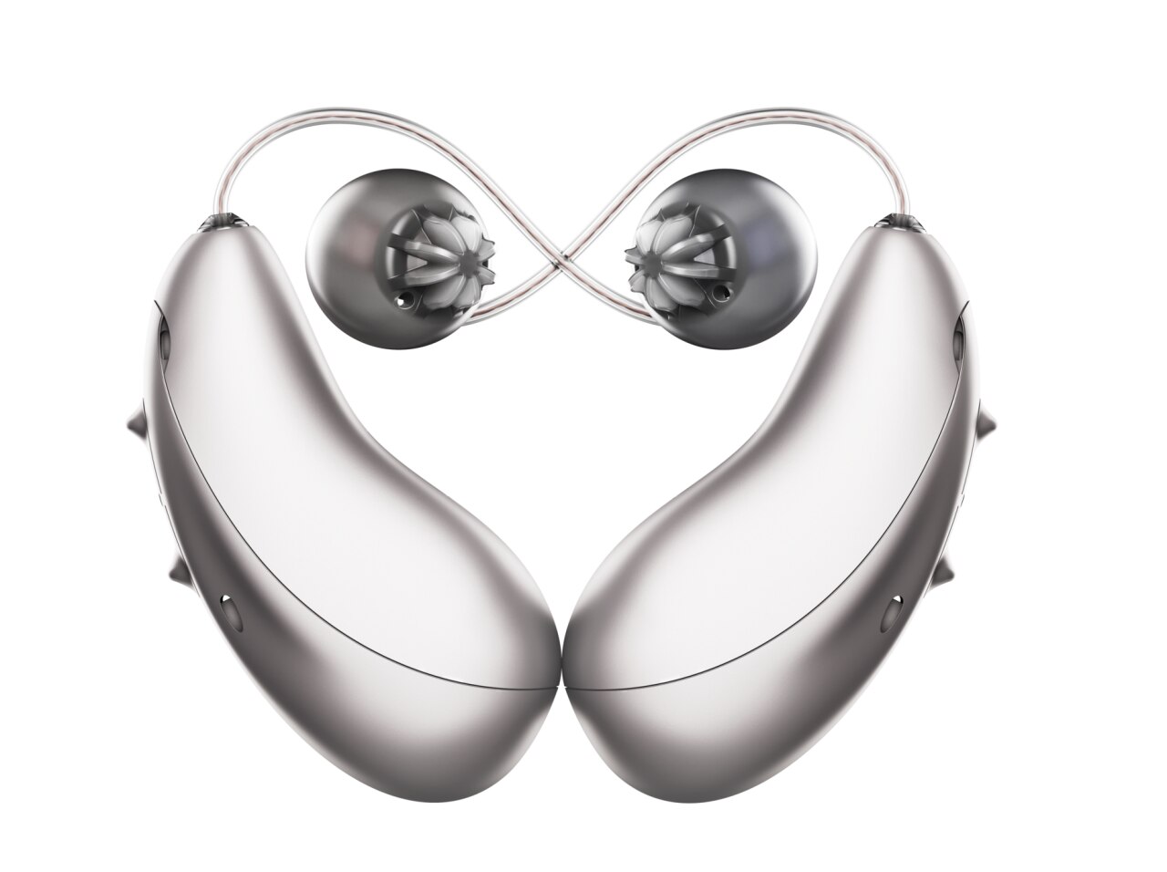 Unitron Moxi S-RX RIC hearing aid in black, close-up with clear receiver wire and silicone ear dome