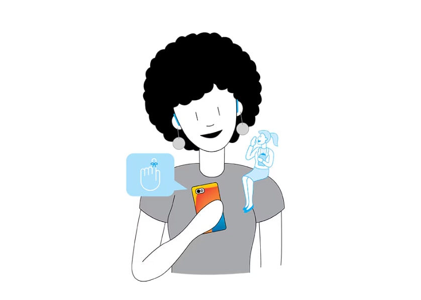 An illustration of a person holding a smartphone, with a thought bubble showing a hand with a ring and a small figure of a woman sitting beside it. The character has a large, curly hairstyle and is depicted in a simple, graphic style, conveying a sense of contemplation or decision-making.